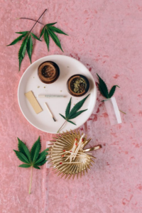 leaf and cannabis on a plate 