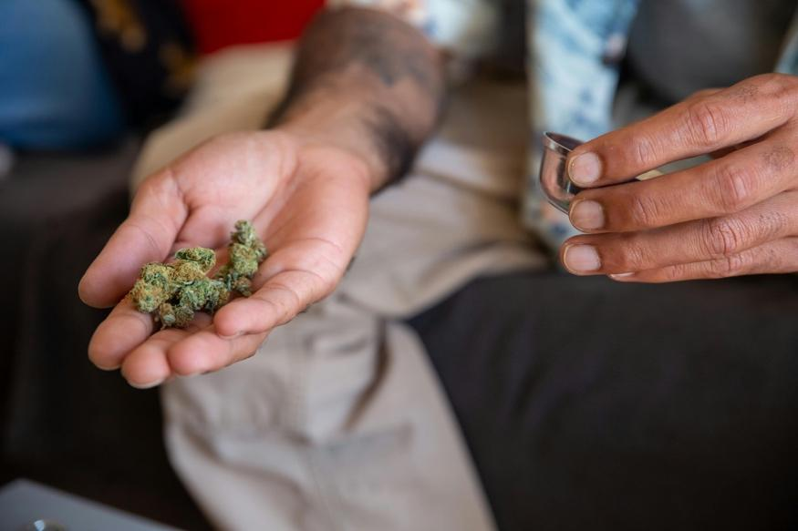 Green THCa cannabis flower resting on a person’s hand