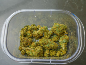 Cannabis flowers in a container