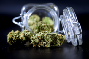 Cannabis buds spilling out of a jar